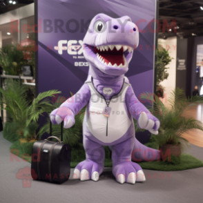 Lavender T Rex mascot costume character dressed with a Shorts and Briefcases