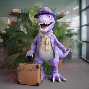 Lavender T Rex mascot costume character dressed with a Shorts and Briefcases