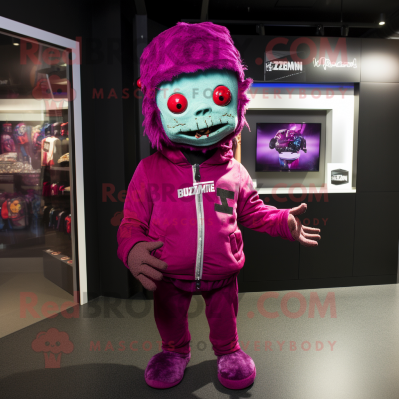 Magenta Zombie mascot costume character dressed with a Bodysuit and Beanies