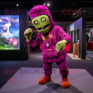 Magenta Zombie mascot costume character dressed with a Bodysuit and Beanies