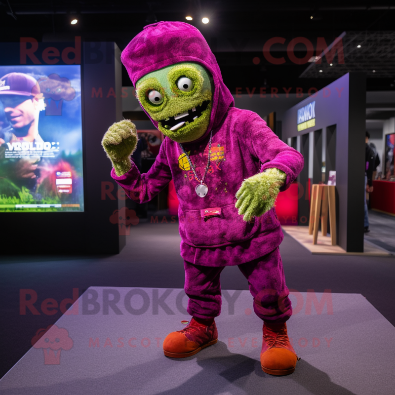Magenta Zombie mascot costume character dressed with a Bodysuit and Beanies