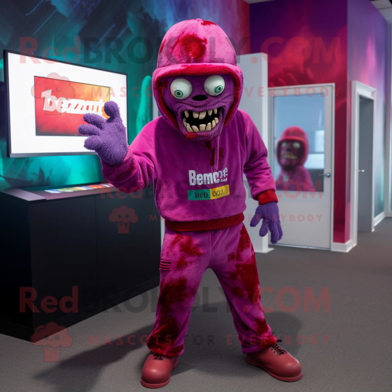 Magenta Zombie mascot costume character dressed with a Bodysuit and Beanies