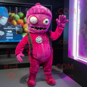 Magenta Zombie mascot costume character dressed with a Bodysuit and Beanies