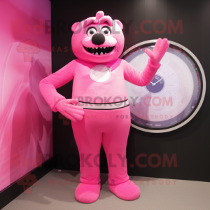 Pink Wrist Watch mascot costume character dressed with a One-Piece Swimsuit and Cummerbunds