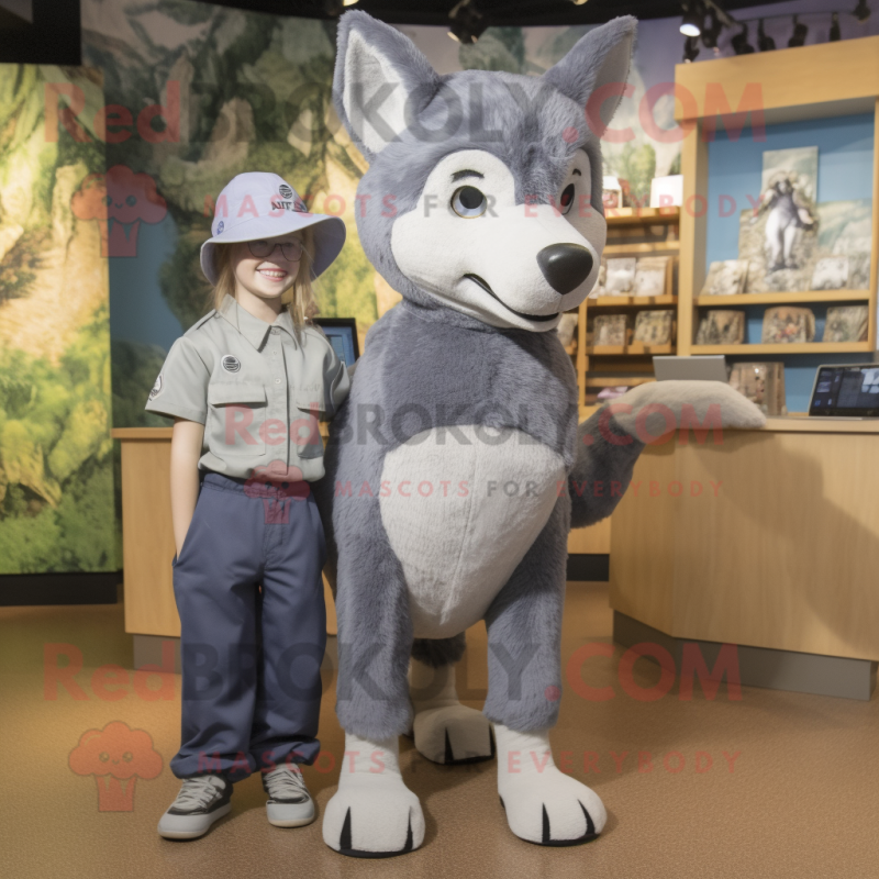 Gray Dingo mascot costume character dressed with a Romper and Caps