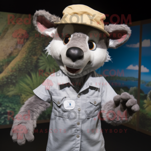 Gray Dingo mascot costume character dressed with a Romper and Caps