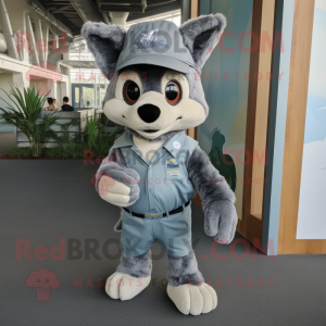 Gray Dingo mascot costume character dressed with a Romper and Caps