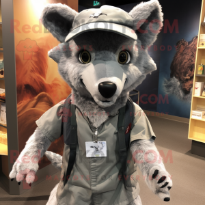 Personaje de disfraz de mascota Grey Dingo vestido con un mameluco y gorras