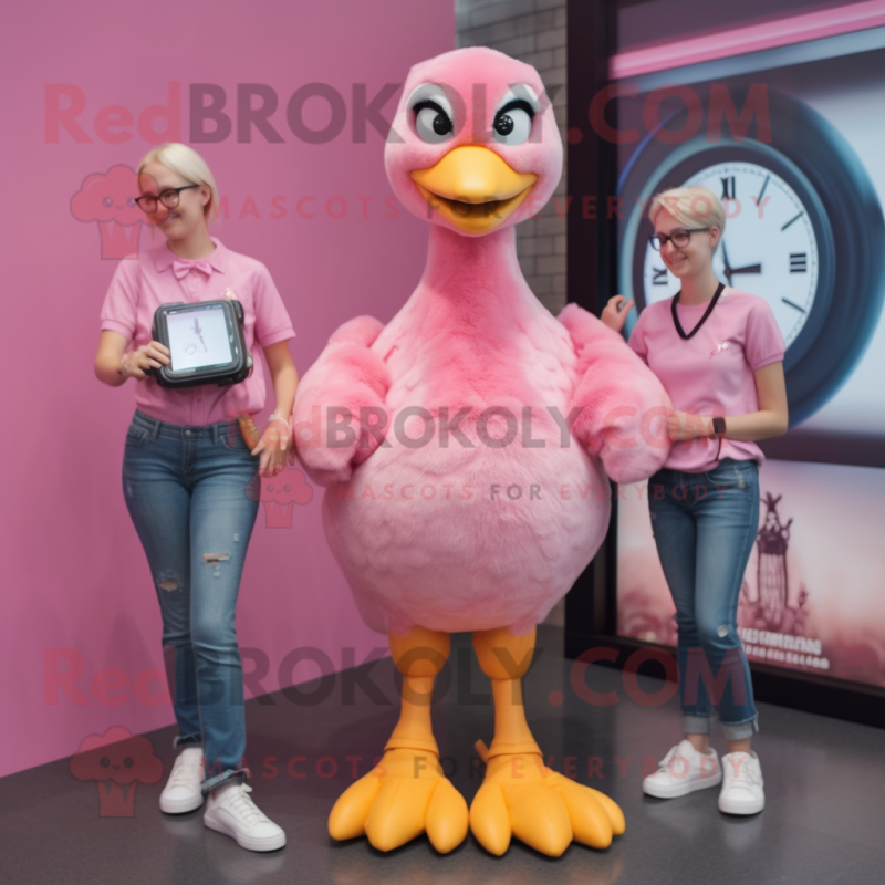 Pink Gosling mascot costume character dressed with a Mom Jeans and Digital watches