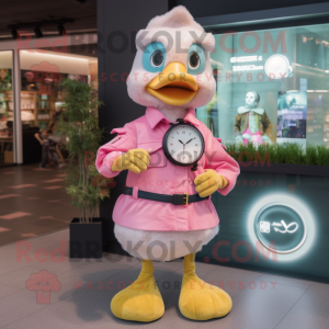 Pink Gosling mascot costume character dressed with a Mom Jeans and Digital watches