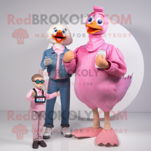 Pink Gosling mascot costume character dressed with a Mom Jeans and Digital watches