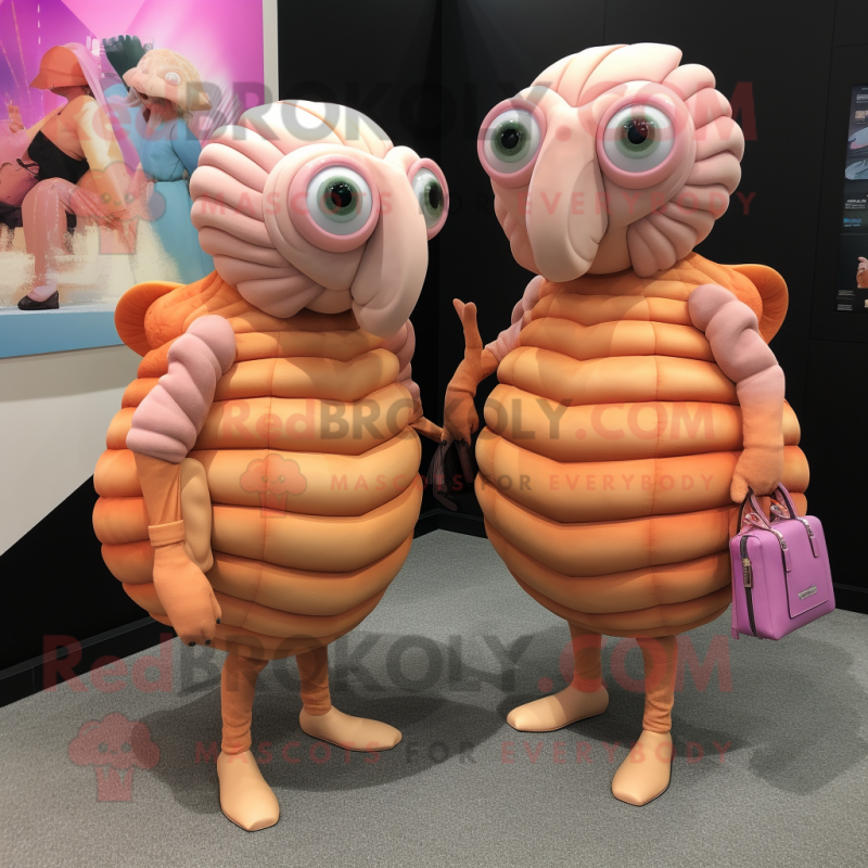 Peach Trilobite mascot costume character dressed with a Mini Skirt and Handbags