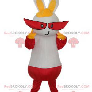 Mascote coelho branco com longos olhos vermelhos -
