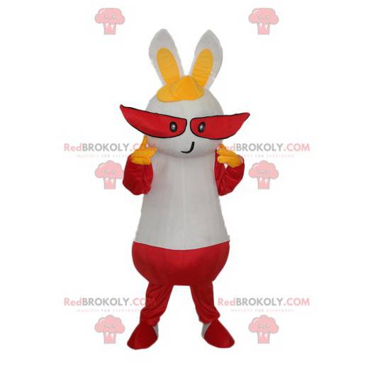Mascote coelho branco com longos olhos vermelhos -