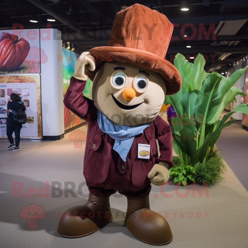 Brown Beet mascot costume character dressed with a Flare Jeans and Hat pins