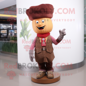 Brown Beet mascot costume character dressed with a Flare Jeans and Hat pins