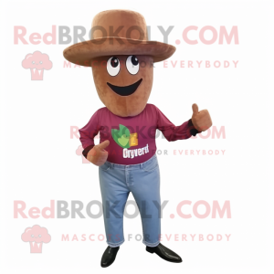 Brown Beet mascot costume character dressed with a Flare Jeans and Hat pins