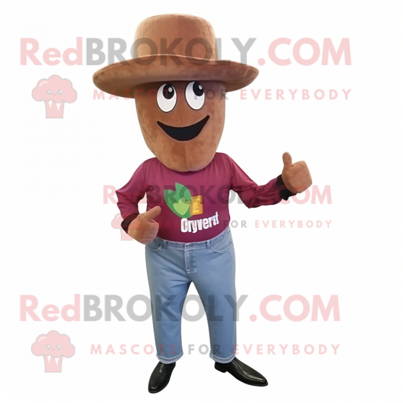 Brown Beet mascot costume character dressed with a Flare Jeans and Hat pins Brown Beet mascot costume character dressed with a Flare Jeans and Hat pins