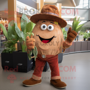 Brown Beet mascot costume character dressed with a Flare Jeans and Hat pins