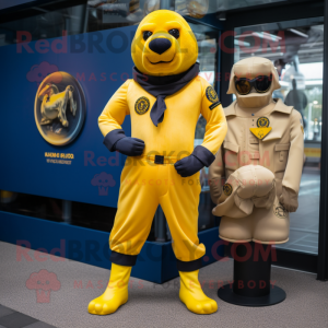 Yellow Navy Seal mascot costume character dressed with a Playsuit and Rings