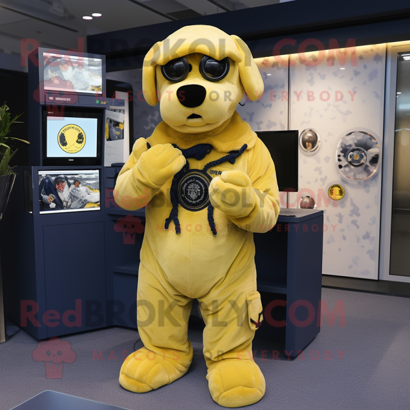 Yellow Navy Seal mascot costume character dressed with a Playsuit and Rings