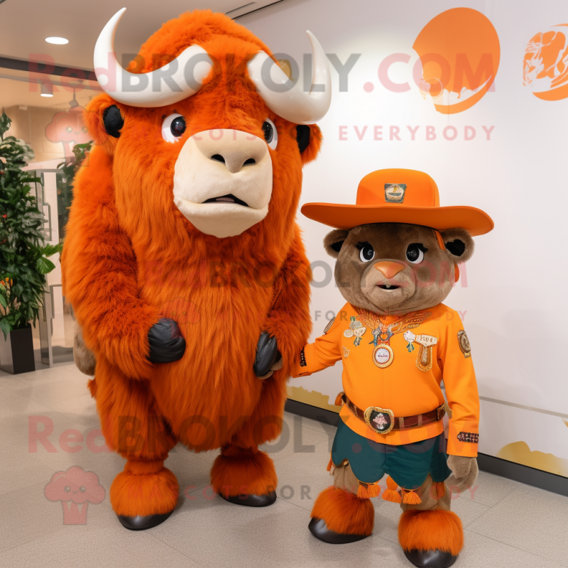 Orange Bison mascot costume character dressed with a Mini Dress and Berets Orange Bison mascot costume character dressed with a Mini Dress and Berets