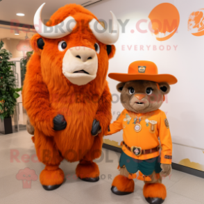 Orange Bison mascot costume character dressed with a Mini Dress and Berets