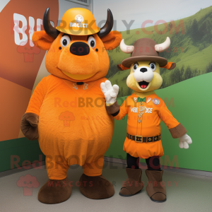 Orange Bison mascot costume character dressed with a Mini Dress and Berets