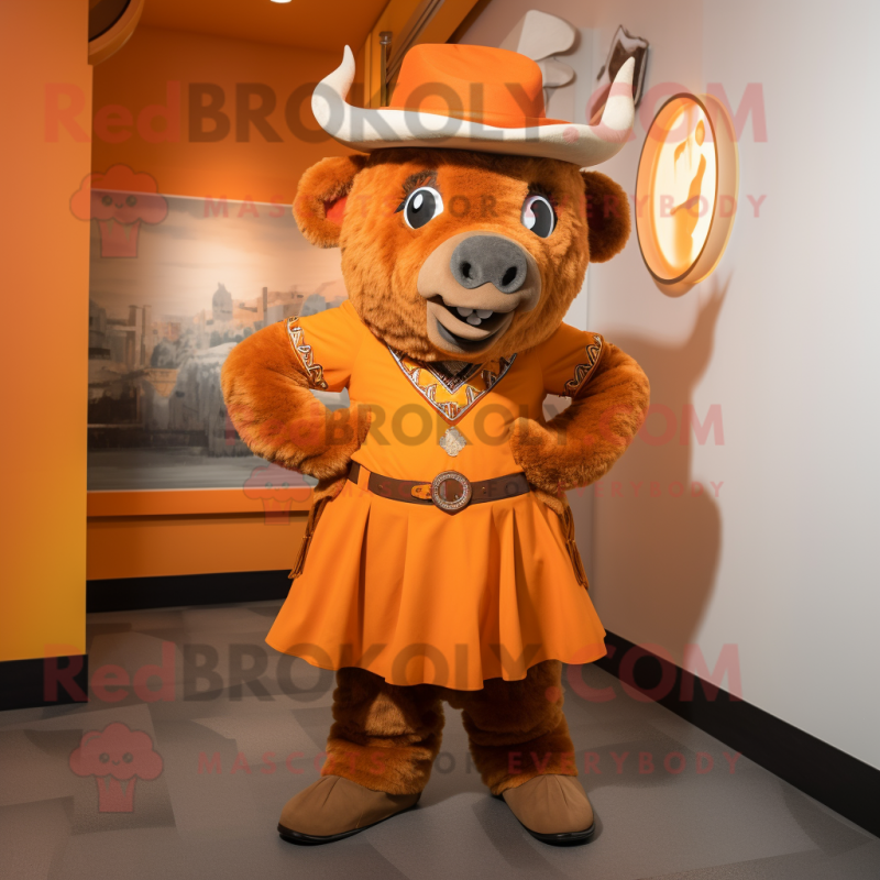 Orange Bison mascot costume character dressed with a Mini Dress and Berets