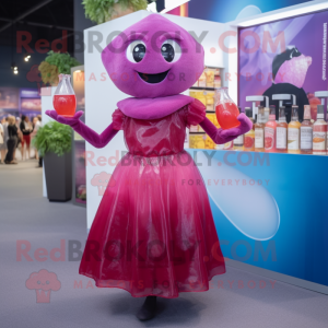 Personaje de disfraz de mascota Magenta Plum vestido con un vestido de cóctel y gorras