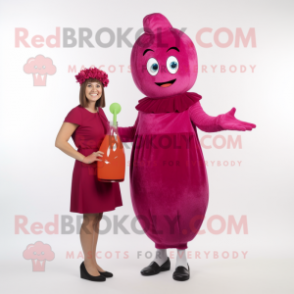 Magenta Plum mascot costume character dressed with a Cocktail Dress and Caps