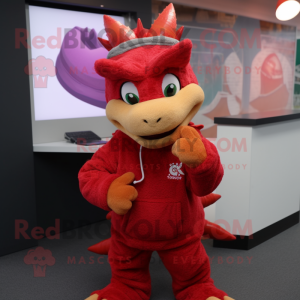Red Dragon maskot drakt figur kledd med en genser og luer