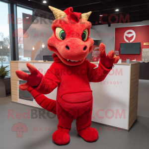 Red Dragon mascot costume character dressed with a Sweater and Beanies