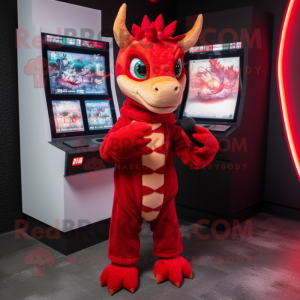 Red Dragon mascot costume character dressed with a Sweater and Beanies