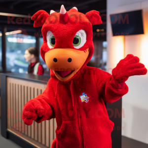 Red Dragon mascot costume character dressed with a Sweater and Beanies