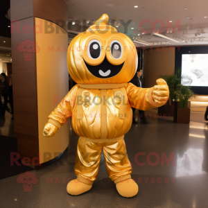 Gold Pumpkin mascot costume character dressed with a Jumpsuit and Bracelets