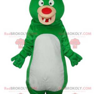 Mascota divertida del oso verde y blanco con una nariz roja -