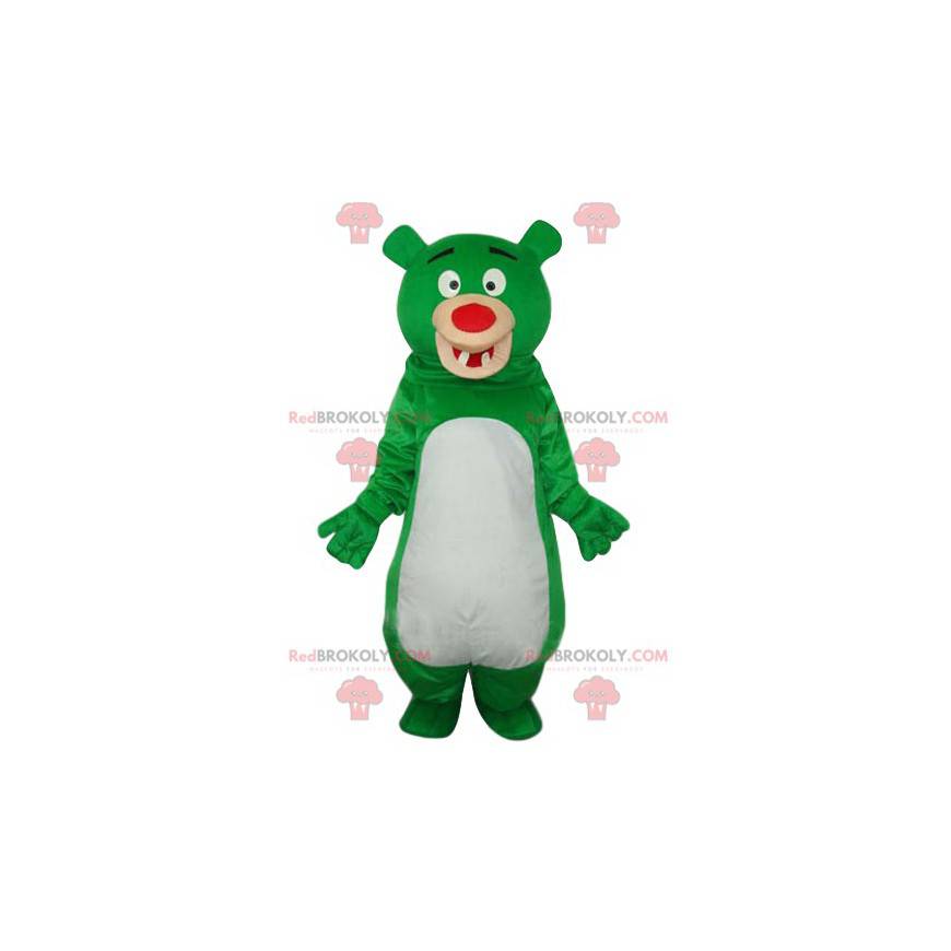 Mascotte d'ours vert et blanc rigolo avec un nez rouge -