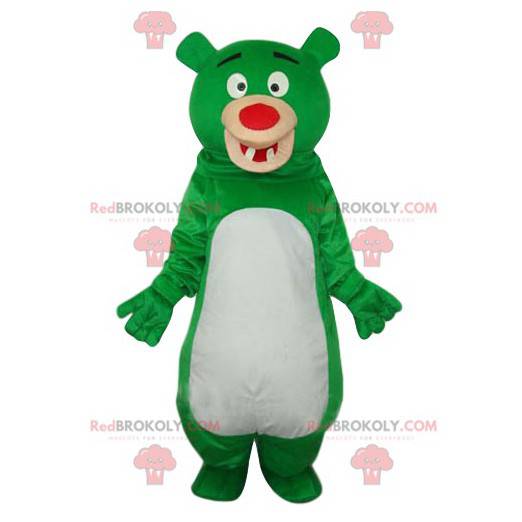 Engraçado mascote de urso verde e branco com nariz vermelho -