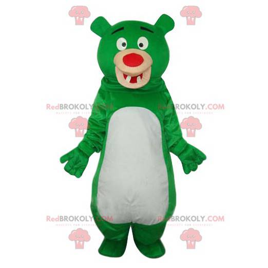 Mascota divertida del oso verde y blanco con una nariz roja -