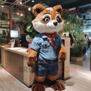 Brown Red Panda mascot costume character dressed with a Denim Shorts and Cufflinks