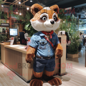 Personaje de disfraz de mascota Panda rojo marrón vestido con pantalones cortos de mezclilla y gemelos