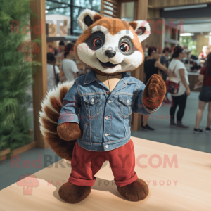 Brown Red Panda mascot costume character dressed with a Denim Shorts and Cufflinks