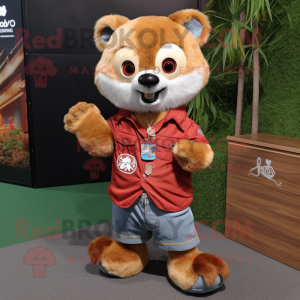 Brown Red Panda mascot costume character dressed with a Denim Shorts and Cufflinks