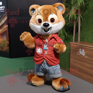 Brun rød panda maskot kostyme kledd med denimshorts og mansjettknapper