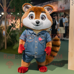 Brown Red Panda mascot costume character dressed with a Denim Shorts and Cufflinks