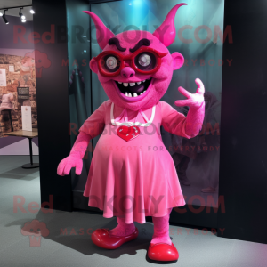 Personaje de disfraz de mascota Pink Devil vestido con un vestido de línea A y anteojos