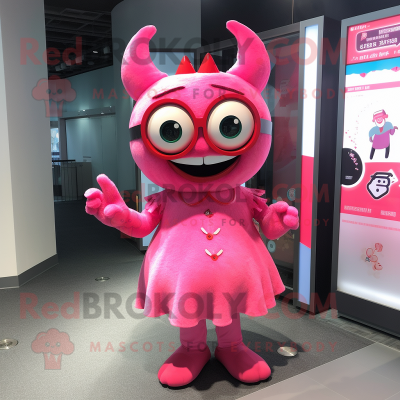 Pink Devil mascot costume character dressed with a A-Line Dress and Eyeglasses Pink Devil mascot costume character dressed with a A-Line Dress and Eyeglasses