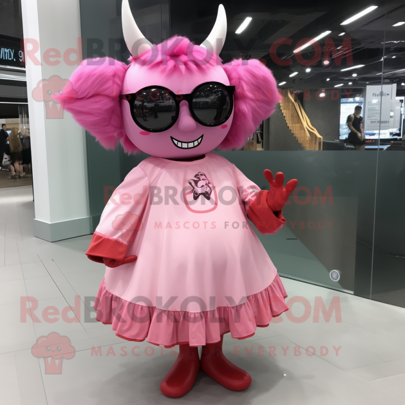 Pink Devil mascot costume character dressed with a A-Line Dress and Eyeglasses