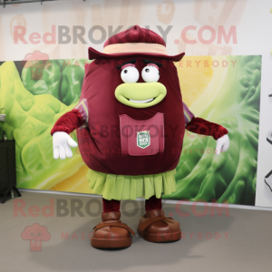 Personaje de disfraz de mascota Maroon Corned Beef And Cabbage vestido con un chaleco y almohadillas para los pies
